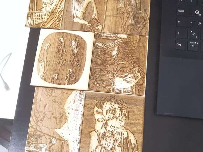 Fein aufgelöste, lasergravierte Negative von Künstlermotiven